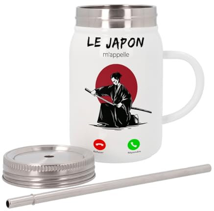 Mug Isotherme en Inox avec Couvercle et Paille - Le Japon M'Appelle Samouraï Culture Manga - 500 ml - Tasse Thermo