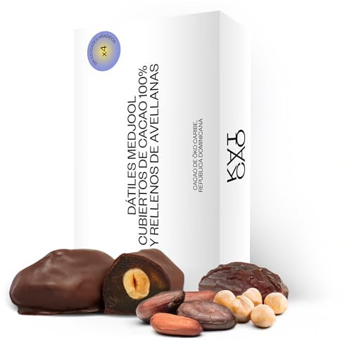 Kaicao Dátiles Medjool - Rellenos de Avellanas Tostadas, Cubiertos de Chocolate Negro 100% Cacao Origen Oko, República Dominicana - Sin Azúcar Añadida - Snack Saludable - Dátil - Pack de 4 dátiles