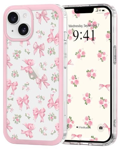 Urarssa Case for iPhone 14/iPhone 13, Cute Bowknot Pattern Aesthetic Bow Design Phone Case for Women Girls, Soft TPU Bumper Clear Shockproof Protective Girly Cover for iPhone 14/iPhone 13, Rose Bow