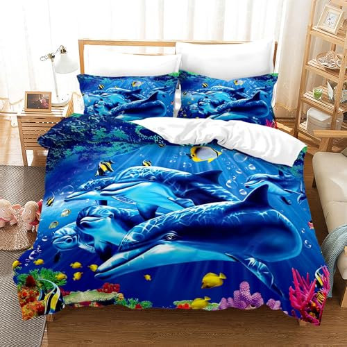 EHAOKK 3D Meer Tier Bettwäsche Set,Delfin,Tropischer Fisch,Korallen,Meeresleben Bettbezug,Blaue Unterwasserwelt Bettbezug für Kinder (D, 135x200cm)