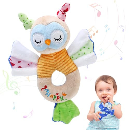 BelleStyle Greifling Baby mit Rassel, Motorikspielzeug Babyrassel Spielzeug für Neugeborene 0-6 Monate, Plüschtier Kuscheltier Babyspielzeug Geschenk für Babys Kleinkinder ab 0+ Monaten - Eule