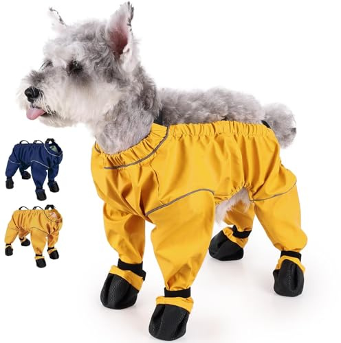 BOSENIYU Stivali impermeabili per cani con bretelle da pioggia, scarpe antiscivolo riflettenti per zampe e pancia pantaloni invernali da neve (giallo, S)