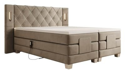 Luxusbetten24 Boxspringbett Livano Samt 140x200 elektrisch verstellbar mit LED | Bezug: Samt | Farbe: Beige | Härtegrad: H3 (70-100kg)