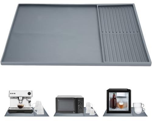 Large Silicone Coffee Machine Mat with Raised Edges, 40.5x61 cm Coffee Counter Protector with 19 x 40 cm Dish Drying Mat Multi-Functional Base Pad for Kitchen Countertop Bar Worktop(Grey)