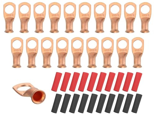 sourcing map 20pcs 6 AWG M10 Battery Lugs Ring Terminals, 3/8 10mm Stud Crimp Wire Terminal Connector End Copper, 3:1 Heat Shrink Tubing, Gold