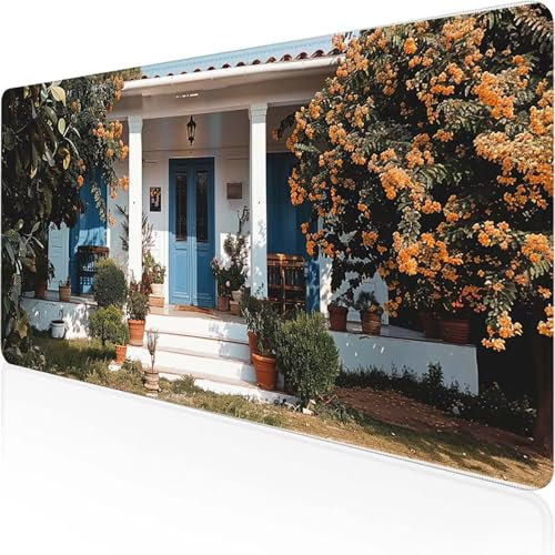 Mouse Pad Houses Gaming Mouse Mat 800 x 400 x 3mm, with Stitched Edges Desk Mats Blue And White Desk Pad Large Waterproof Anti-Slip Rubber Base Smooth Surface Keyboard Cover for Office Home, Gifts 4-C