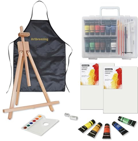 Artbreezing Acrylic Painting Set,Paint Set with Table Easel,Brushes,Canvas Etc,Art Painting Supplies Kit for Students,Artists,Beginners (25)