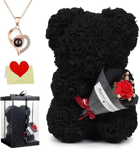 Rose Bear Gift, 10 Inch Artificial Flower Rose Teddy Bear Holding a Bouquet with Gift Box, for Anniversary, Christmas, Wedding, Birthday, Romantic Gift for Her (Jet Black)
