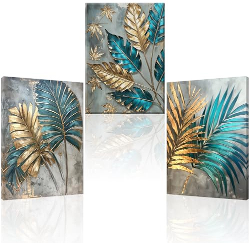 Piy Painting Grande Toile Murale, Impressions Sur Toile Feuilles Dorées Et Vertes, Botanique Canvas Image Pour Chambre à Coucher, Salon, Salle à Manger, 3x 58x40 cm, Cadre Intégré, Impression HD