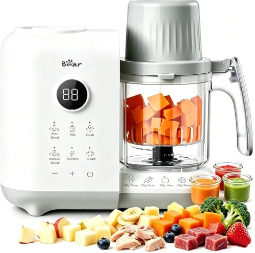 Bear Baby Food Blender with Dual-Layer Steam Baskets, OneStep Food Processor Puree Blender Grinder Mills, Baby Food Maker with Bottle Warming, Sterilising and Auto Cleaning Function, BPA-Free (White)