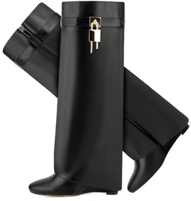 WOkismD Stivali da Donna con Tacco a Punta da 10 CM e Cerniera Laterale con Lucchetto Coperto,Nero,40 EU