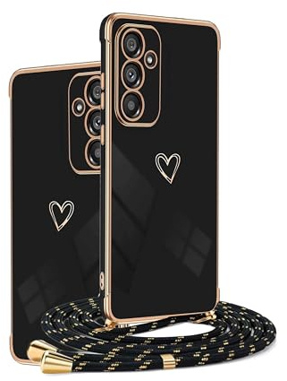 HomiTunky Handykette Hülle kompatibel mit Huawei P10 Lite mit Band - Ultra dünn Kameraschutz Herz Love Design Galvanik TPU Silikon Schutzhülle Kordel zum Umhängen, Schwarz