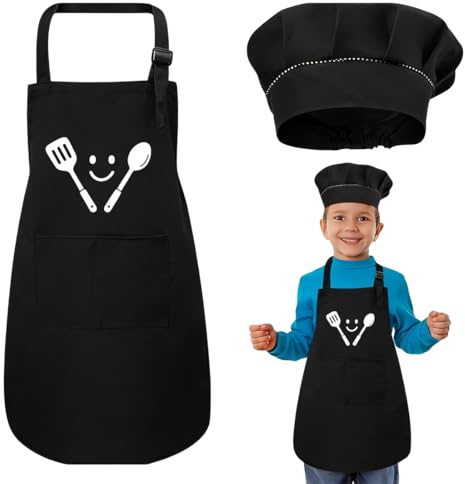 DIFLAX Cocinero para Niños Delantal Infantil con Bolsill Negro Gorro de Cocina Infantil Ajustable Elástico para Cocinar Gastronomía Casa Cocina Escuela y Accesorios de Cocina para Fiestas (Negro)