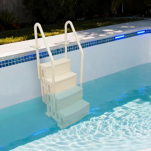 Apriltop Poolleiter mit Handläufen, bis 181.44 Kg, Pooltiefe 122-137cm, 4 Stufige Pooltreppen für Senioren, für Schwimmbad, Freibad, Wasserpark (Beige)