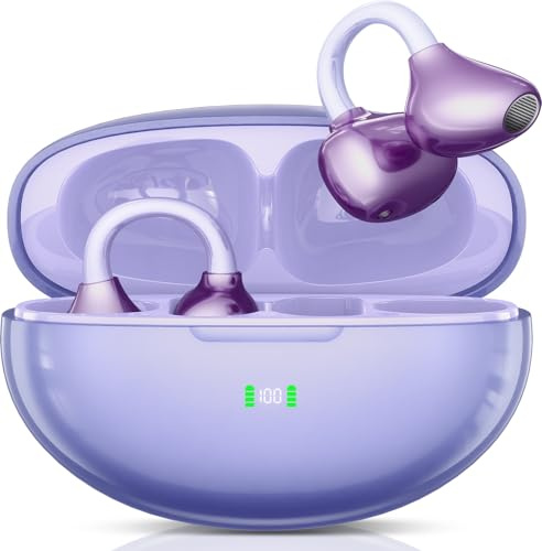 Cascos Oseos Inalambricos, Open-Ear Deportivos, Auriculares Inalámbricos con Clip para Running Deportivos, 80 Horas de Duración de la Batería, Ajuste seguro, Resistentes al Agua y al Polvo (Púrpura)