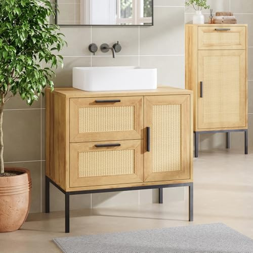 [en.casa] Meuble sous Lavabo avec 1 Porte et 2 Tiroirs avec Façade Effet Rotin Décoratif Structure Stable Métal Panneau de Particules Salle de Bain Toilette Buanderie 60 x 60 x 40 cm Effet Chêne Noir