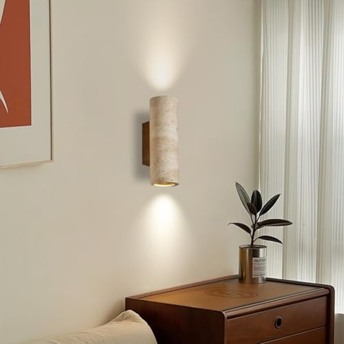 NOCHX WabiSabi Naturstein-Wandleuchte Moderne Zylindrische Wandlampe Minimalistische Travertin-Wandbeleuchtung G9-Fassung Auf-Ab-Ambientlicht Für Schlafzimmer Wohnzimmer Flur(23cm)
