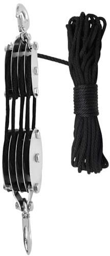 Ejoyous Block and Tackle Blocksystem, Rephissblock 200kg/300kg Lyftkapacitet med Stålhjullager och Polypropylenrep för Camping Båt Garage Lyftning (4 hjul 20m stål hjullager svart rep krokform)