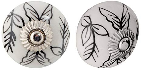 Nicola Spring Ceramic Cupboard Drawer Handle Knobs - Floral Design - Black/White Leaves - Pack of 6