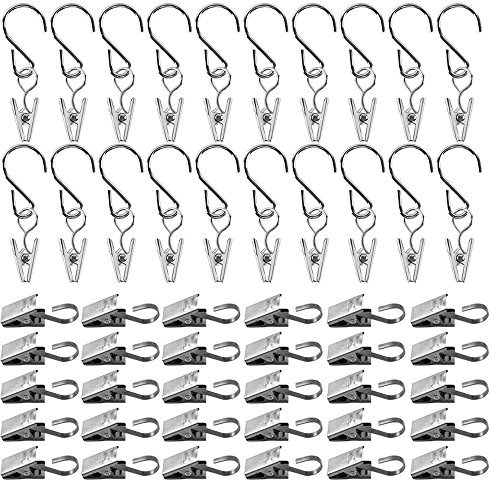 AFUNTA 50 PCS Stainless Steel Hook Clips, 20 PCS Hanger Clips with S Hook & 30 PCS Shower Curtain Clips with Hook, Multifunction Outdoor Activities Supplies for Curtain Photo Home Decoration