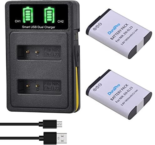 DuraPro 2Pcs 1850mAh EN-EL23 EN EL23 Battery + Dual USB Charger for Nikon Coolpix P600 COOLPIX S810c P610 P900 P610s B700 P900s Cameras
