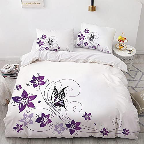 WQIZXCW Housse de Couette 160x200 Fleurs Violettes et Papillons Parure de Lit 1 Personne avec Taie d'oreiller en Microfibre 120GSM