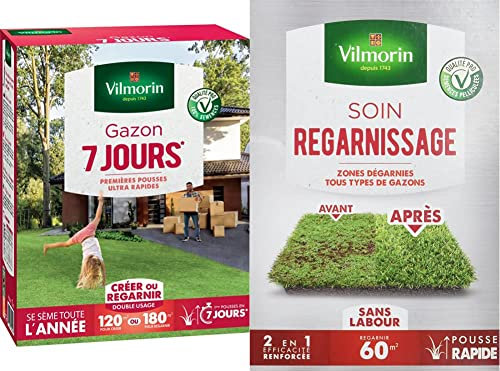 Vilmorin 4460715 Gazon 7 Jours, Vert, 3 kg & Soin Regarnissage Universel 2 en 1 - Semences de gazon + Fortifiant naturel - Rénovation facile des gazons abîmés - Enracinement profond - 1 Kg