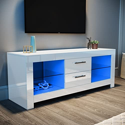 ELEGANT Modern White TV Stand, 130cm High Gloss, 2 Drawers, 1 Glass Shelf, 16 Color LED Ambient Lights, 4 Dynamic Modes, Remote Control, Living Room, 1300x400x500mm