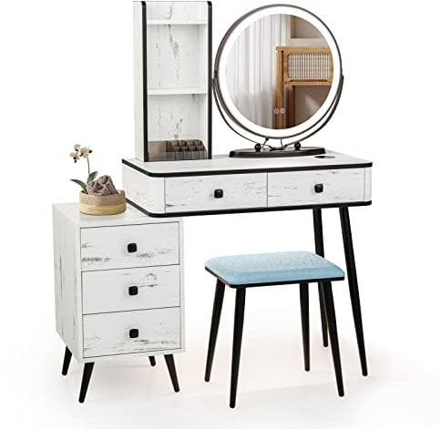 RELAX4LIFE Dressing Table and Stool Set, Vanity Desk Set with 5 Drawers, Storage Shelves, 3-Color LED Lights & Charging Function, Makeup Dresser Desk Bedroom Furniture (White, Round Mirror)