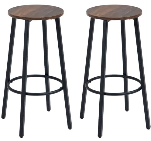 HOMCOM Bar Stools Tall Bar Chairs with Steel Frame Set of 2 Rustic Brown | Kitchen Breakfast Stools, Round Seat & Footrest, Industrial, for Kitchen, Living Room