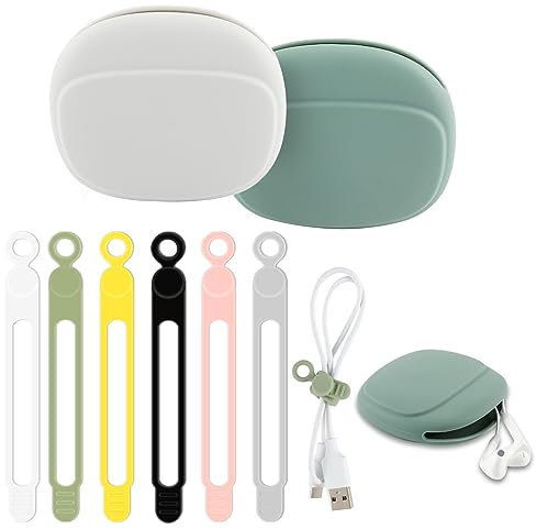 TamBee Silicone Headphone Organizer with 6pcs Cable Ties Reusable Silicone Cable Straps Wire Cord Organizers Ties Case for Earphone Charger (2 case + 6 Straps)