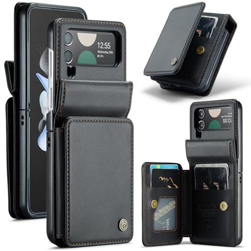 FONREST Étui portefeuille arrière pour Samsung-Galaxy-Z-Flip-4 avec blocage RFID, emplacements pour cartes/béquille, coque de protection hybride antichoc en polycarbonate + cuir synthétique avec