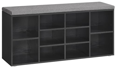 VASAGLE Schuhbank, Schuhregal mit Sitzfläche, Sitzbank mit Stauraum, gut gepolstert, Flurbank mit 10 Fächern, verstellbaren Ablagen, für Schlafzimmer, 30 x 104 x 48 cm, ebenholzschwarz LHS010B07