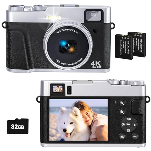 4K Macchina Fotografica Digitale 48MP Autofocus Scheda 32G Mirino Ottico Fotocamera Digitale Compatta Zoom 16x Flash Facile da Usare Principiante 2 Batteria Ricaricabile (Nero)