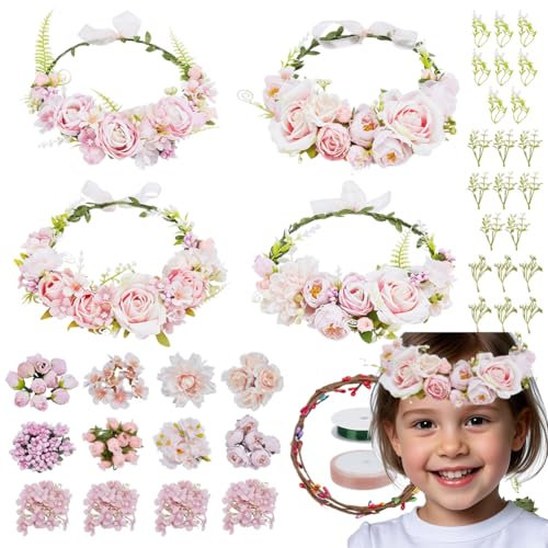ORIGACH 99 Pcs DIY Blumenkranz Stirnband Set Haarreif Rosa Blumen Basteln Kit Selber Machen Blumengirlande Blumenkranz Haare Deko Für Hochzeit Geburtstag Party Urlaub