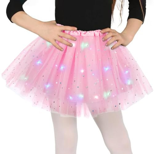 Tüllrock Mädchen Rosa, Sterne Pailletten Tanzkleid, 30cm Dehnbaren Minirock Mit LED Lichter, kleine Mädchen Tütü Rock Ballettrock für Fasching Halloween Karneval, 3-8 Jahre Kinder Ballett Dress