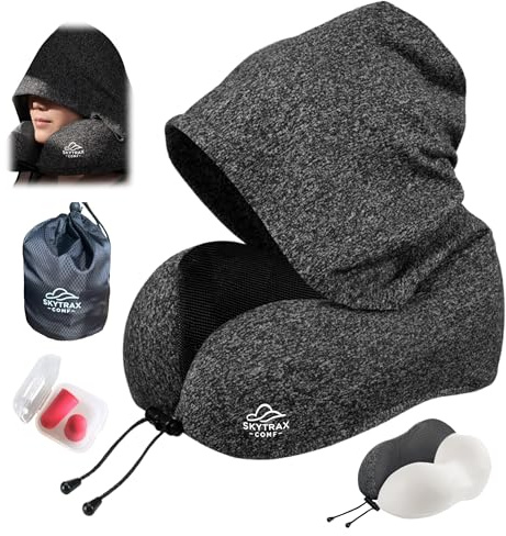 SkytraxComf® Travel Neck Pillow with Hood for Privacy on Long Flights