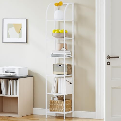Hzuaneri Bücherregal, 6 Ebenen Standregal, DVD-Regal, Schmale Regale, Offenes Regal, Industriestil, Metallrahmen, Geeignet für Arbeitszimmer, Wohnzimmer, Schlafzimmer, Küche, Weiß BC560013W