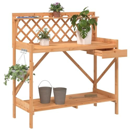 Gecheer Banc pour pots de fleurs avec treillis en bois massif de sapin marron, support pour pots de fleurs banc de jardin