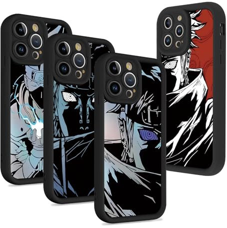4 Stück Schutzhülle für Apple iPhone 15 Hülle 6.1 Zoll, Anime Naruto Pein Kakashi mit Muster Designs Manga Mädchen Junge Case Schutz Handyhülle Stoßfest TPU Weich Ultra Dünn Cover Grau Schwarz