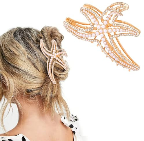 Pinzas para el Pelo con Forma de Estrella de Mar, Garras de Pelo de Estrella de Mar Perlada, Horquillas Metal de moda Verano Accesorios pelo Mujer Damas Fiesta (Dorado)
