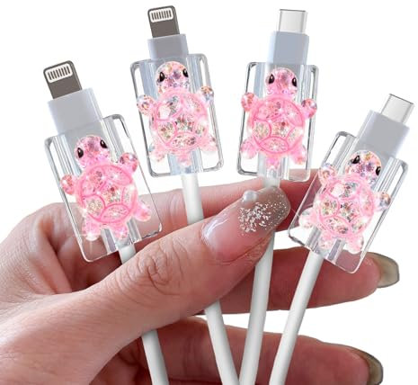 DiyGody 4 Pcs Cute Cable Protectors Compatible for Apple Cables, Charger End Cord Protector with 3D Glittery Turtle Design, Data Cable Protection Compatible with iPhone iPad USB Type-C/L, Pink