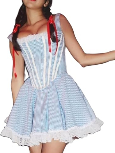 Kouoybt Womens Halloween Dorothy Dress Costume Lace Puff Sleeve Hem Smoked Blue Plaid Mini Corset Dress Fairytale Cosplay Dresses (A-Blue, S)