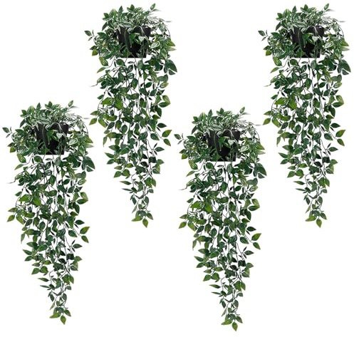 CECOMBINE 4 Pcs Artificial Hanging Plants With Pots, Artificial Plants Indoor, Fake Plant Datura Vine Decor for Indoor Wall, Bathroom, Bedroom, Shelf & Home Decor, Gifts for Christmas Easter