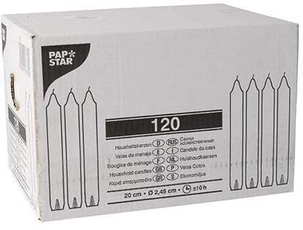 PAPSTAR 120 Haushaltskerzen mit Dornloch Ø 2,45 cm · 20 cm Weiss, Sie erhalten 1 Packung, Packungsinhalt: 120 Stück