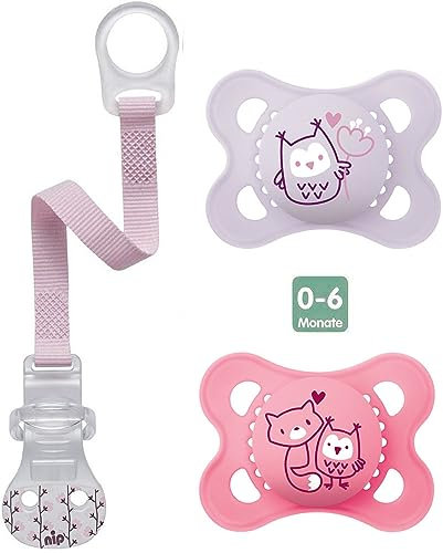 MAM Skin Soft Silikon Schnuller // 0-6 Mo. Girl // 2er Set // inkl. Sterilisiertrasportboxe & NIP Schnullerband