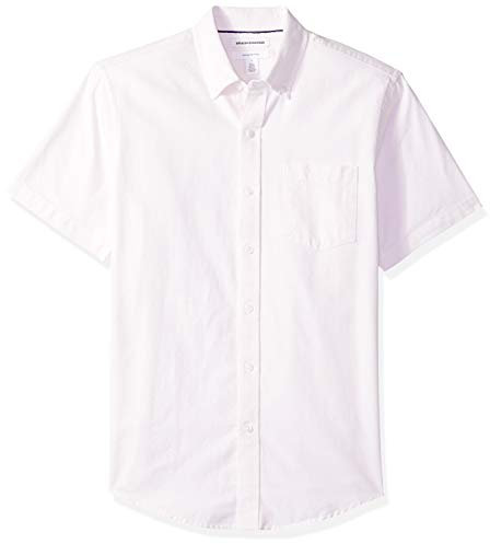 Amazon Essentials Men's Slim-Fit Short-Sleeve Pocket Oxford Shirt - Discontinued Colours, Pink, Stripes, S