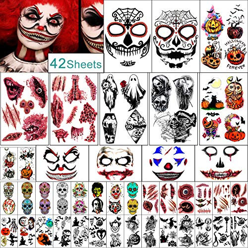 Kaieteur 42 Hojas de Tatuaje de cara de Halloween, Tatuaje Adhesivo Calavera Colección de Calabaza Tatuaje Temporal Impermeable para Adultos y Niños…