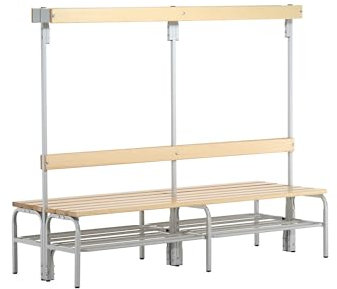 System-Umkleidebank Holz/Stahl, Typ C, mit Schuhrost, lichtgrau, LxBxH cm: 200x72,5x165, Doppelseitig, mit Rückenlehne mit Hakenlehne