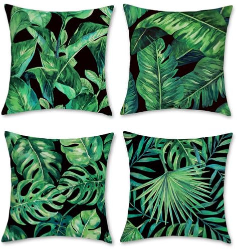 Bonhause 4er Set Kissenbezüge Blätter Tropische 45 x 45 cm Grün Pflanze Polyester Leinen Dekorative Kissenhülle Zierkissenbezüge für Sofa Schlafzimmer Wohnzimmer Auto Zuhause Dekoration